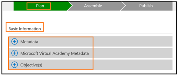 Title: The Plan page in MLX Studio. This page has four sections that you must complete. - Description: The Plan page in MLX Studio. This page has four sections that you must complete: Basic Information, Metadata, Micorosoft Virtual Acadmeny Metadata (MVA courses only), and Ojective(s). 