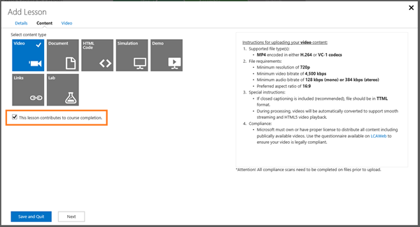 Title: The Add Lesson page in MLX Studio, showing the content types that you can use. - Description: The Add Lesson page in MLX Studio, showing the content types that you can use. In the illustration, the This lesson contributes to course completion check box is selected by default.  