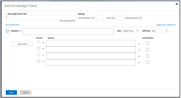 Title: The Add Knowledge Check page in MLX Studio, on which you add information about the knowledge check.  - Description: The Add Knowledge Check page in MLX Studio, on which you add the title, questions, answers, and other information about the knowledge check. 