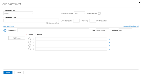 Title: The Add Assessment page in MLX Studio, on which you add informaton for an assessment. - Description: The Add Assessment page in MLX Studio, in which you add the title, questions, answers, and other informaton for an assessment.