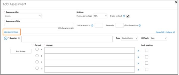 Title: The Add Assessment page in MLX Studio highlighting where to add questions. - Description: The Add Assessment page in MLX Studio, highlighting ADD QUESTIONS, which you click to add a question, and then underneath which you enter the text of the question,  answers, the type of question, and difficutly.

