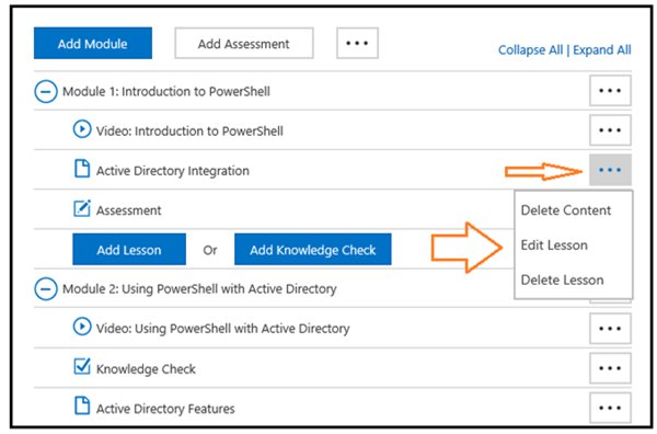 Title: The Assemble page in MLX Studio showing how to modify content.  - Description: The Assemble page in MLX Studio, highlighting the ellipsis that you click next to a lesson, so that you can perform various editing options, including: Delete Content, Edit Lesson, and Delete Lesson.