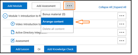 Title: The Assemble page in MLX Studio highlighting how to arrange content.  - Description: The Assemble page in MLX Studio, highlighting the ellipsis that you click, which provides choices for modifying your course’s content.