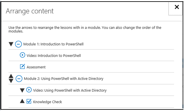 Title: The Arrange content page in MLX Studio. - Description: The Arrange content page in MLX Studio, showing the up and down arrows that you would click to to rearrange modules and lessons. 