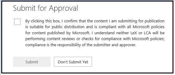 Title: The Submit for Approval box in MLX Studio - Description: The Submit for Approval box in MLX Studio, showing a check box that you must click to confirm that you are responsible for the course content and its compliance with Microsoft policies. 
